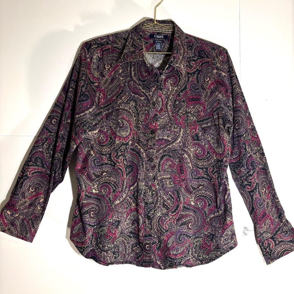 Women’s Chaps Purple and Gray Paisley long sleeve button down Shirt, petite L